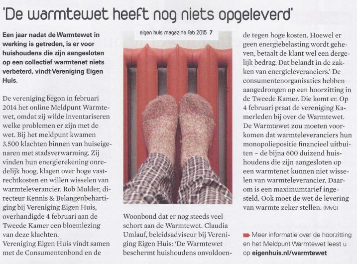 Warmtewet heeft nog niets opgeleverd (Eigen Huis Magazine feb. 2015).